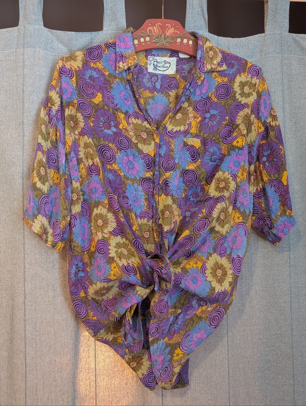Purple Floral Tie-Front Women's Button Shirt - Vintage